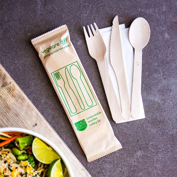 Set cubiertos de madera compostables con servilleta - Imagen 2